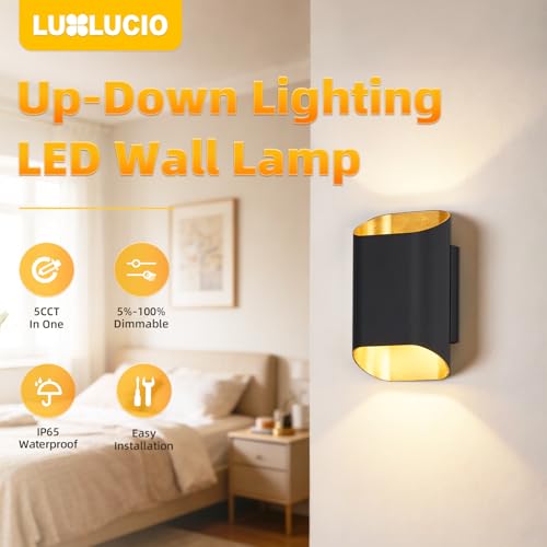 Black Up & Down Modern Indoor Outdoor LED Wall Sconce (Black&Gold / 1 pack)