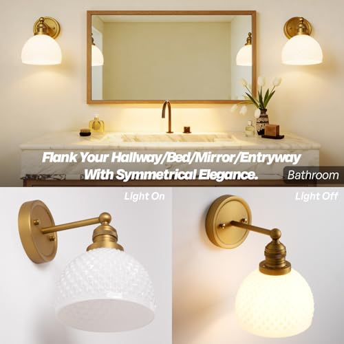 Brass Wall Sconce Vintage Milk White Glass Vanity Light Hardwired Gold Wall Mounted Lamp for Bathroom Mirror to Elevate Decor & Refresh Older Home’s Look E26