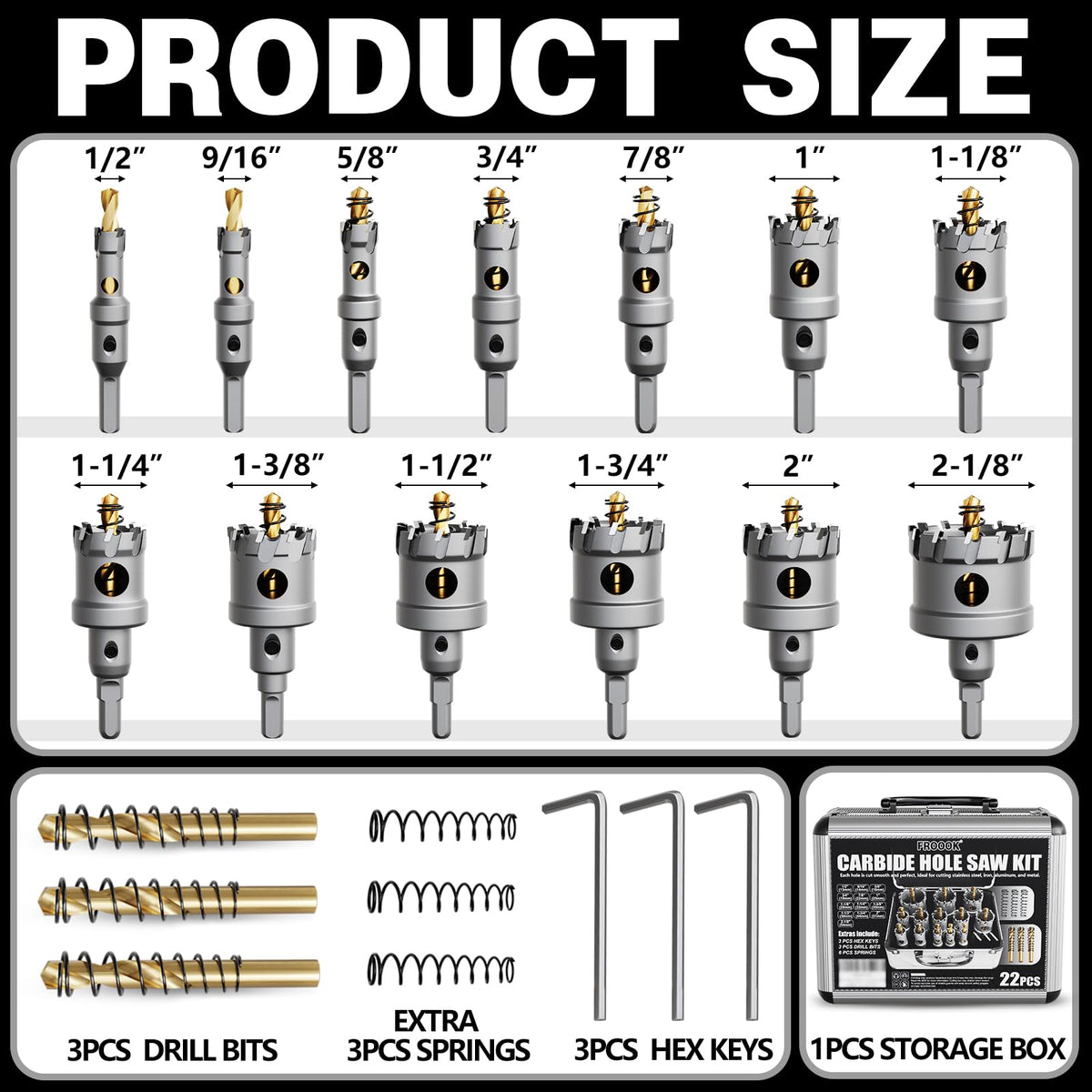 22PCS Carbide Hole Saw Kit for Metal (22PCS(1/2" - 2-1/8"))