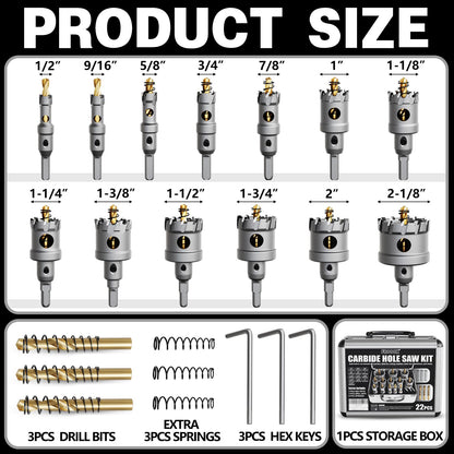 22PCS Carbide Hole Saw Kit for Metal (22PCS(1/2" - 2-1/8"))