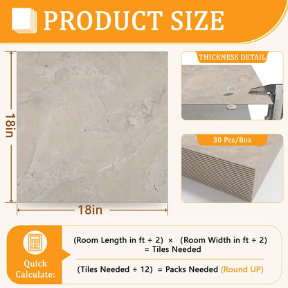Peel and Stick Floor Tile 18x18 Marble Vinyl Flooring Waterproof 30PC (Beige / 30 Pack)