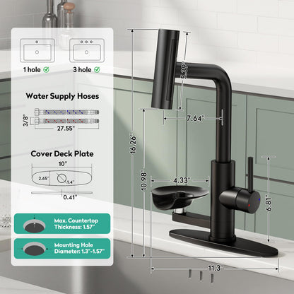 Waterfall Kitchen Faucet with Pull Down Sprayer & Cup Washer (Black)