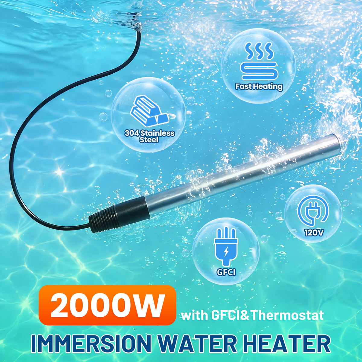 2000W 120V Portable Immersion Water Heater with GFCI&Thermostat (Black)