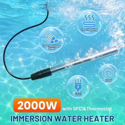 2000W 120V Portable Immersion Water Heater with GFCI&Thermostat (Black)
