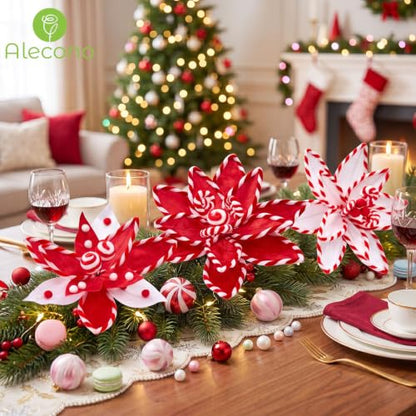 12 PCS Red Candy Cane Poinsettia Picks Artificial Xmas Flower Decor (Red)