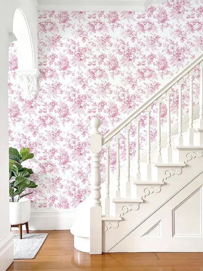 Floral Peel and Stick Wallpaper Pink Flower Paper 17in x 118in (Pink / 16.9" x 118.1")