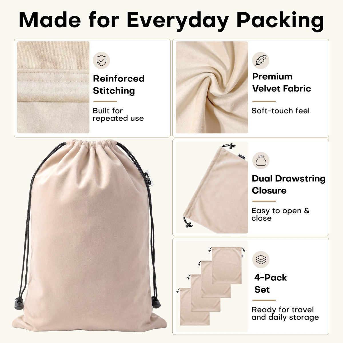 4 Pack Velvet Cloth Shoe Bags for Travel & Packing for Women & Men (Camel Beige)
