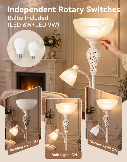 Torchiere Floor Lamp with Adjustable Reading Light for Living Room Corner (Washed White)