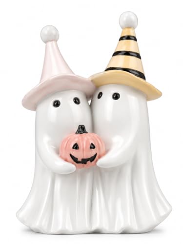 Spooky Cute Halloween Ghost Holding Pink Pumpkin Figurine (White Ghost Duo)