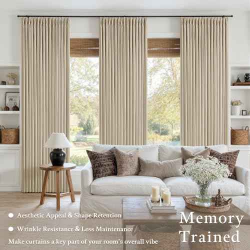 Beige Oatmeal Linen Blackout Pleated 86 Inch Curtains for Living Room Darkening Pinch Pleat 100% Black Out Drapes Thermal Insulated Soundproof Farmhouse 86 Length 50 Wide Curtain for Dining Bedroom (Oatmeal / 50"W x 86"L (Pack of 2))