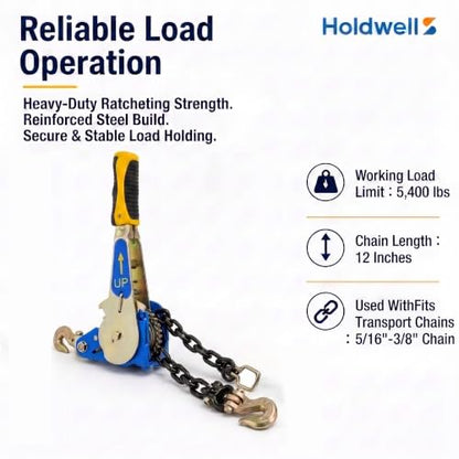 5/16"-3/8" EZ Ratchet Chain Binder with G70 Grab Hooks, Ratchet Load Binder Kit, 5400 lbs WLL Heavy Duty Cargo Tie Down for Flatbed Trailers & Trucks (5/16" - 3/8"(1 Pack))