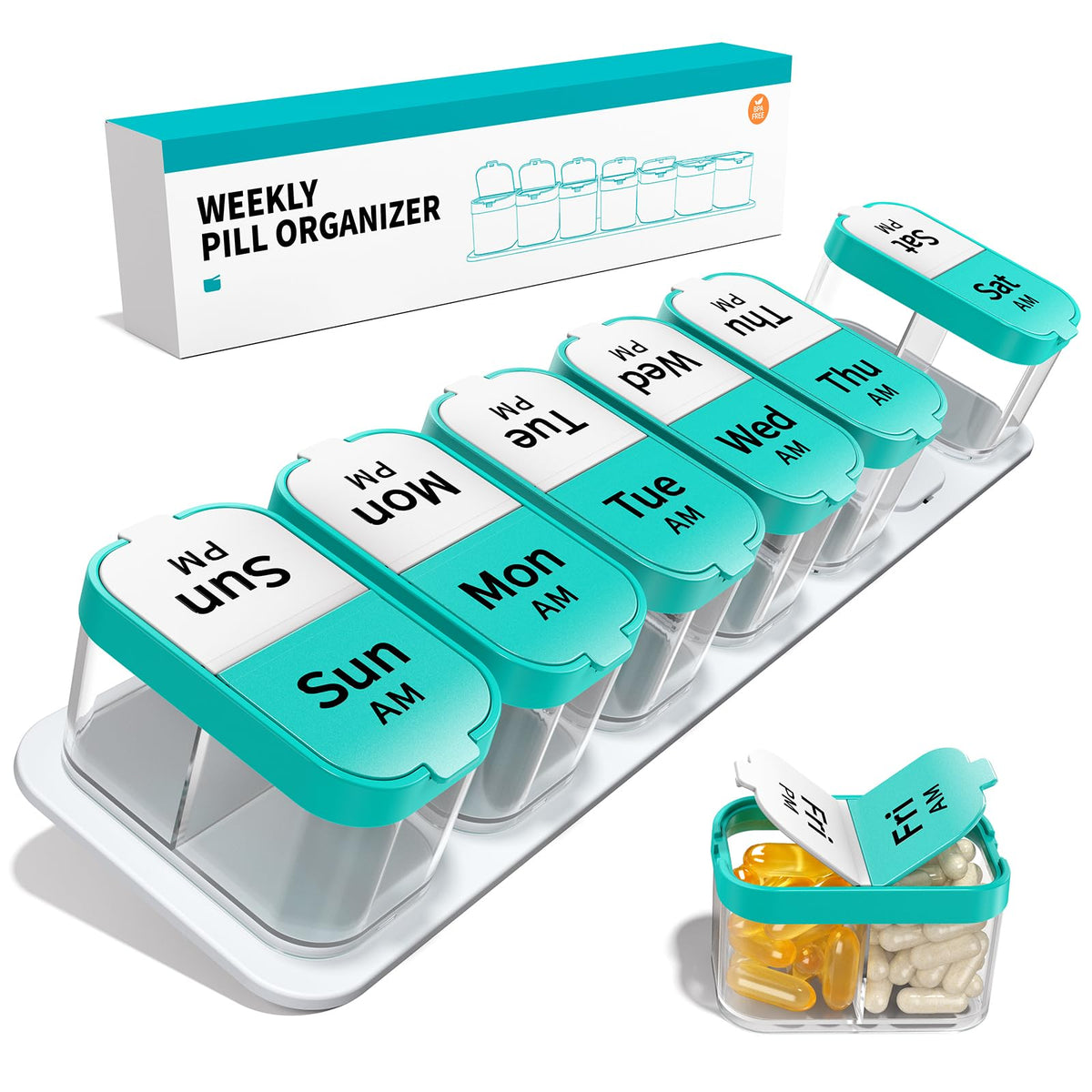 Large Weekly Pill Organizer 2 Times a Day for Vitamin (Cyan)