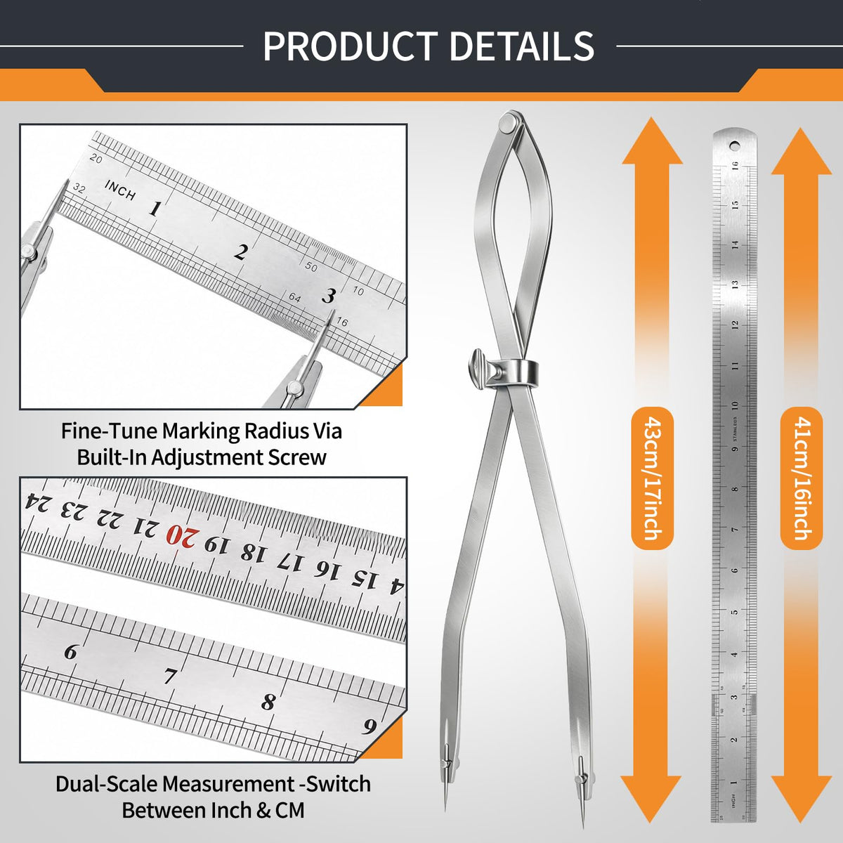 16 inch Radius Divider Tool Scribing Compass for Wood Leather Metal Marking (16inch-1PCS)