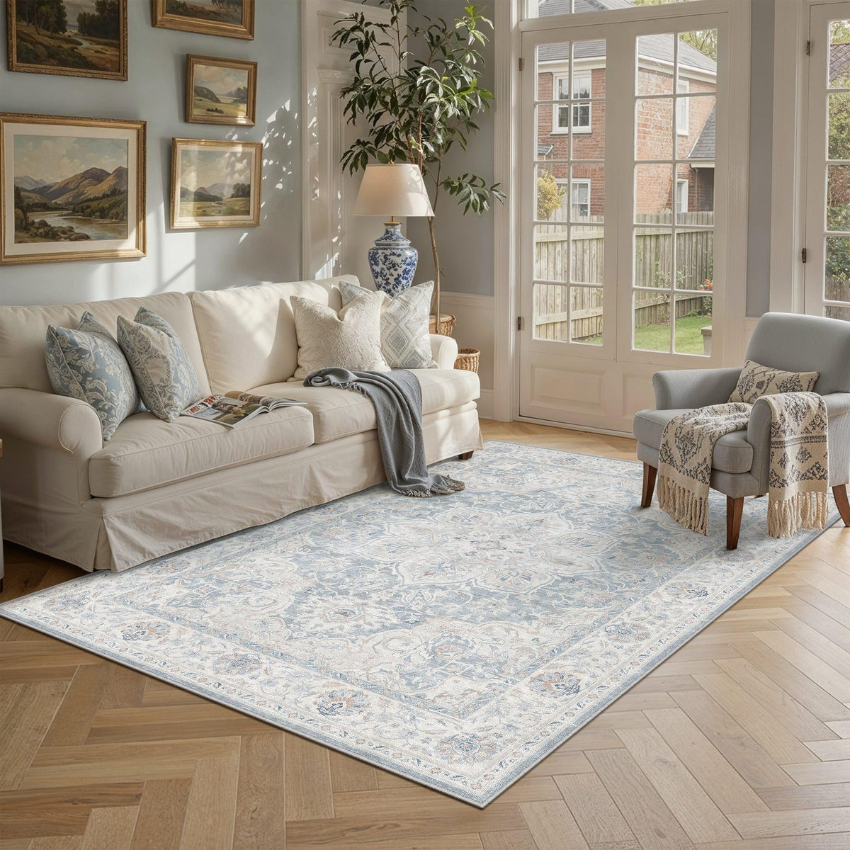 Blue 5x7 Washable Area Rugs Vintage Indoor Carpet (E| Blue / 5' x 7' (Rectangular))