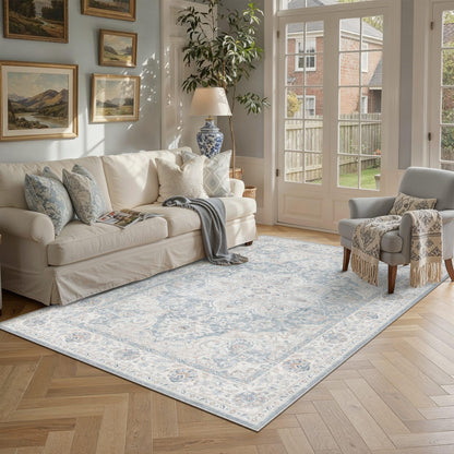 Blue 5x7 Washable Area Rugs Vintage Indoor Carpet (E| Blue / 5' x 7' (Rectangular))
