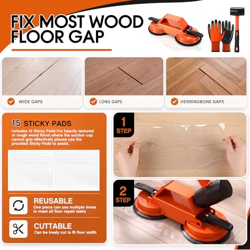 Floor Gap Fixer Tool Heavy Duty 45°Striking Surface Floor Gap Repair Tool Kit Iron Reinforced Suction Cup with Hammer Gloves and Sticky Pads for for Closing Gaps