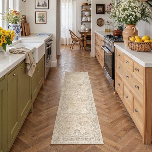 2x6 Taupe Washable Runner Rug Non Slip Vintage Carpet (Vintage | Taupe Brown / 2' x 6' (Runner))