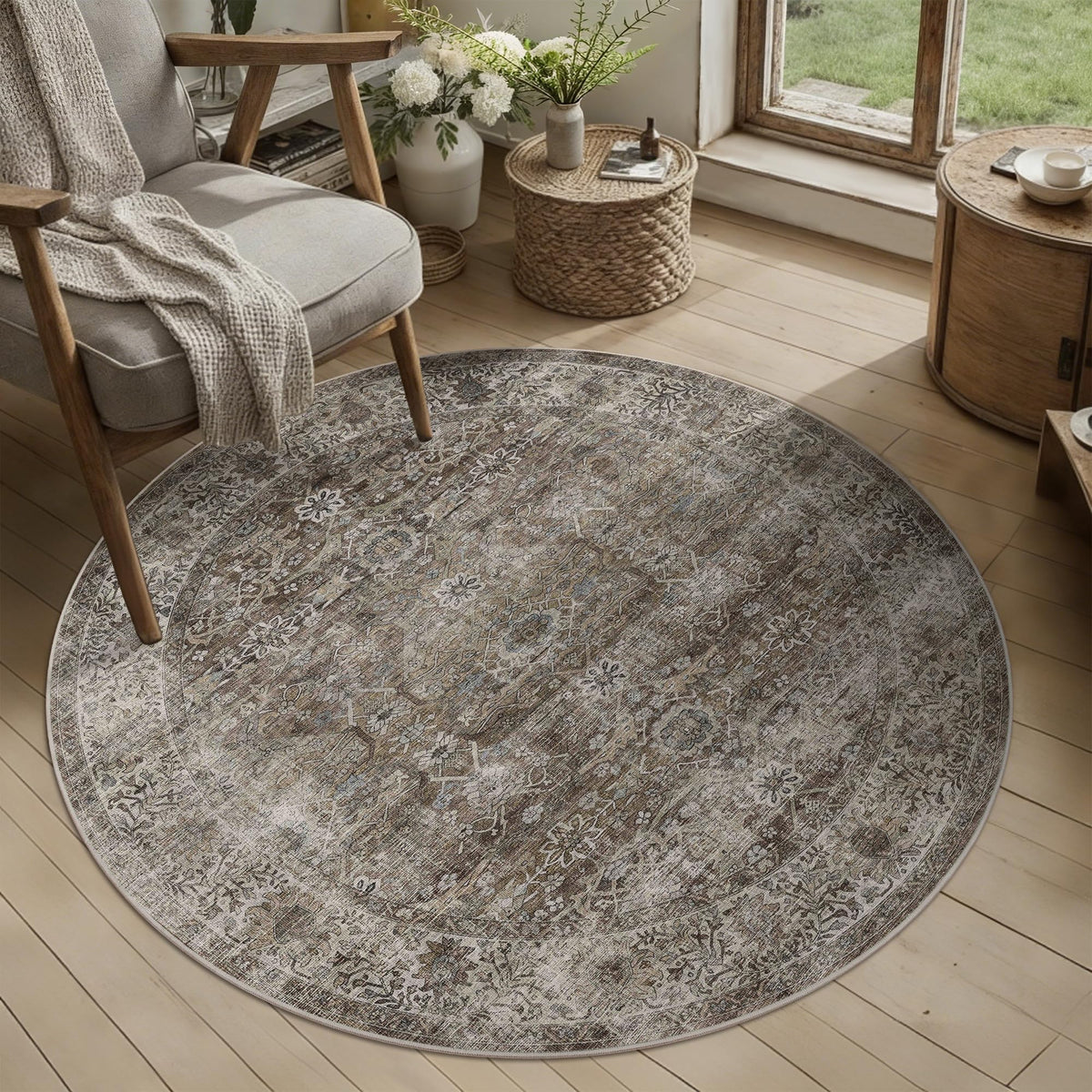 Round Rug 4ft Brown Grey Vintage Washable Circle Rug for Entryway Kitchen (4'(Round) / Antique/Moss)