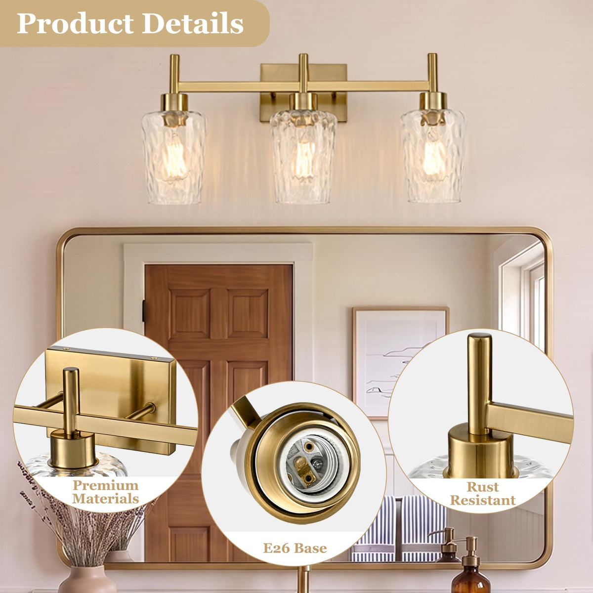 3 Light Bathroom Vanity Light Modern with Hammered Glass Shade (Gold / 3 Lights)