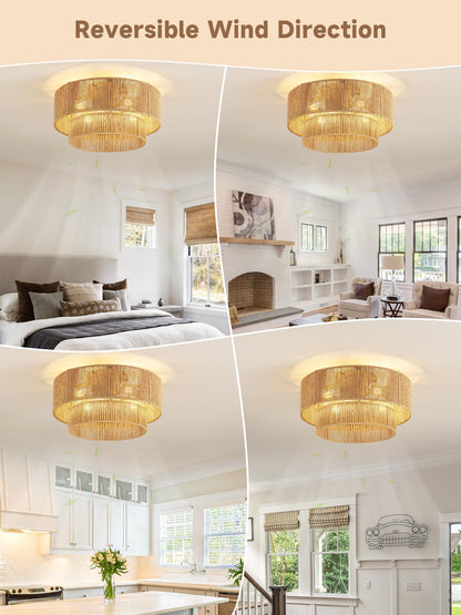 Boho Caged Ceiling Fan with Light Flush Mount (Gold)
