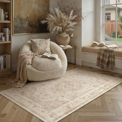 3x5 Beige Washable Area Rug Non Slip Vintage Carpet (Vintage | Beige / 3' x 5' (Rectangular))