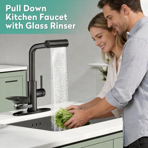 Waterfall Kitchen Faucets with Glass Rinser & Pull Down Sprayer