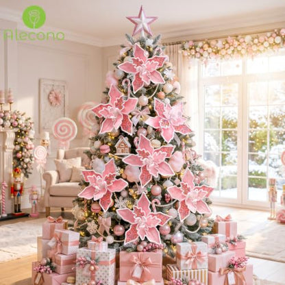 12 PCS 13in Pink Candy Cane Poinsettia Artificial Christmas Flowers (Pink Candy)