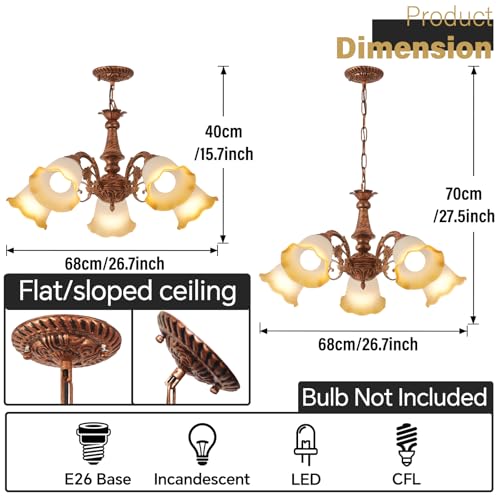 Vintage Antique Chandelier Bronze Finish with Frosted Gradient Amber Floral Glass Shades
