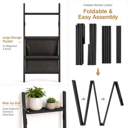 71" 4-in-1 Blanket Ladder for Living Room, 5-Tier Leaning Bamboo Decorative Towel & Quilt Rack with Magazine Leather Pocket