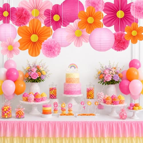 Pink and Orange Party Decorations 19 Pcs Set Including Hanging Paper Lanterns (Pink and Orange)