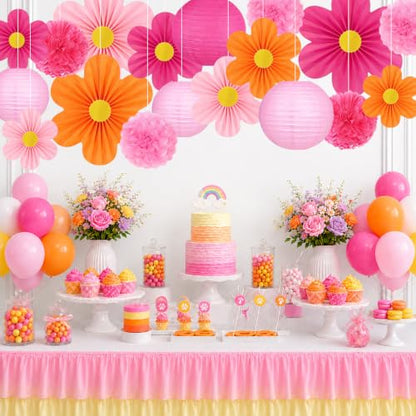 Pink and Orange Party Decorations 19 Pcs Set Including Hanging Paper Lanterns (Pink and Orange)