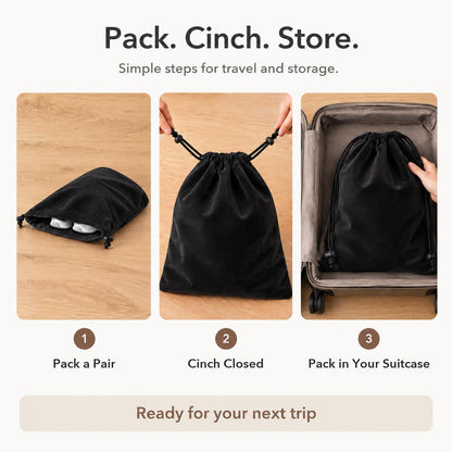 6 Pack Premium Velvet Shoe Bags for Travel & Packing in Suitcases (Black)