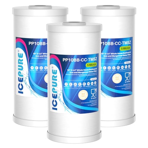 5 Micron 10" x 4.5" Whole House Sediment and Iron Manganese Resin Water Filter Compatible with GE FXHTC (PP Cotton + Iron Manganese Resin / 3 Count (Pack of 1))