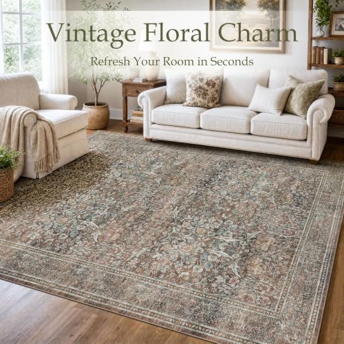 Runner Rug 2x6 Washable Vintage Floral Rug (Vintage Brown / 2' x 6' (Rectangular))