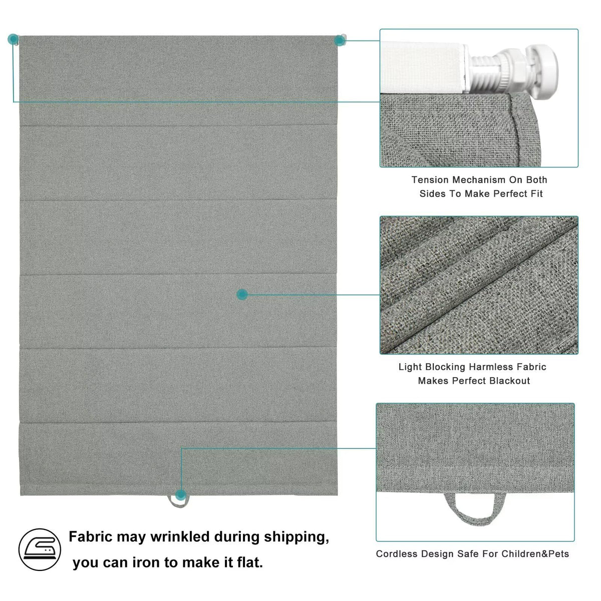No Drill Roman Shades Cordless Blinds Blackout for Indoor Windows (Dark Grey / 20"W x 50"H)