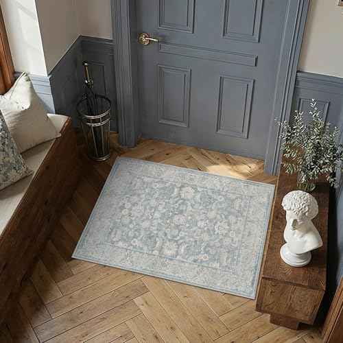2x3 Blue Washable Area Rug Non Slip Retro Distressed Doormat (Distressed | Blue / 2' x 3' (Rectangular))