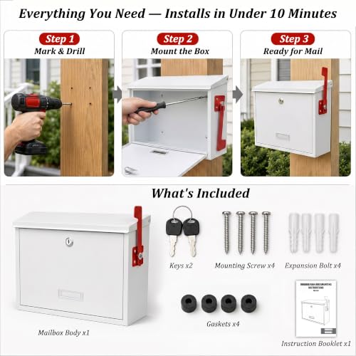 Locking Wall Mount Mailbox with Outgoing Mail Flag & Spring Clip (White)