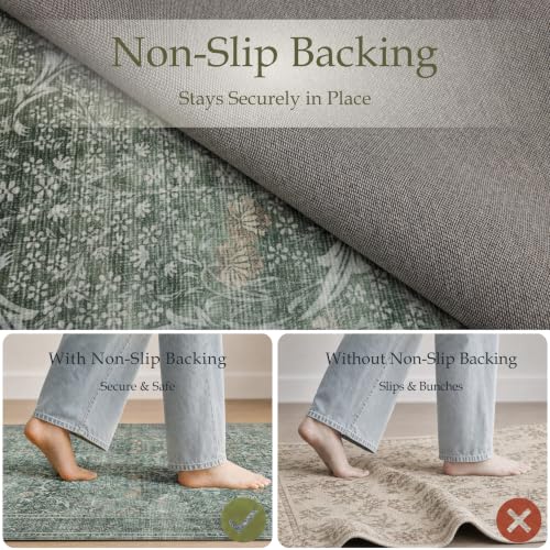 Runner Rug 2x6 Washable Vintage Floral Rug (Moss Green / 2' x 6' (Rectangular))