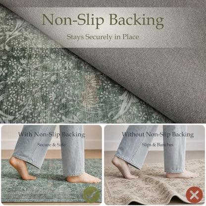 Runner Rug 2x6 Washable Vintage Floral Rug (Moss Green / 2' x 6' (Rectangular))