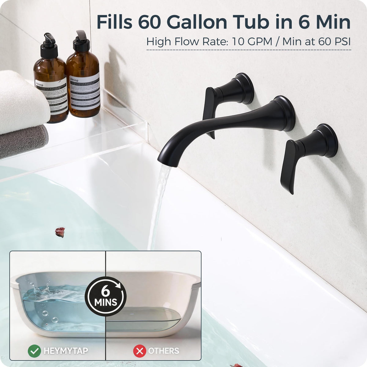 Black Wall Mount Tub Filler (Matte Black - Modern)