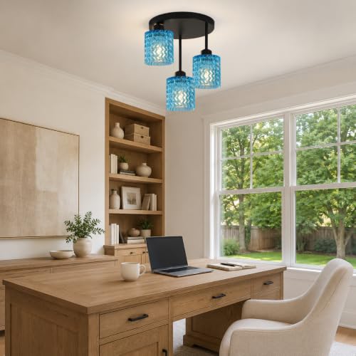 Modern Ceiling Light Fixture Black 3 Lights with Blue Glass Shade (3Light-Blue)