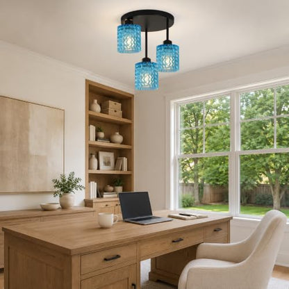 Modern Ceiling Light Fixture Black 3 Lights with Blue Glass Shade (3Light-Blue)
