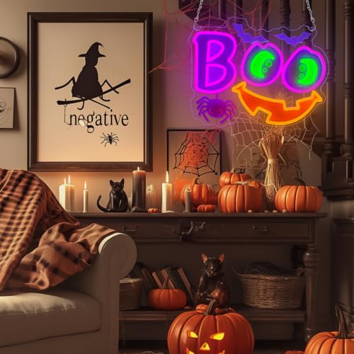 Halloween Neon Sign Dimmable Boo Spooky Smile Led Neon Signs for Wall Decor (Multicolor-BOO b)