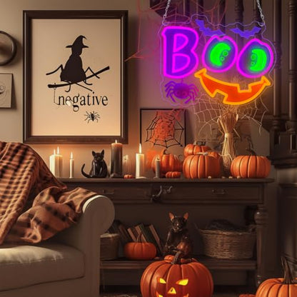Halloween Neon Sign Dimmable Boo Spooky Smile Led Neon Signs for Wall Decor (Multicolor-BOO b)