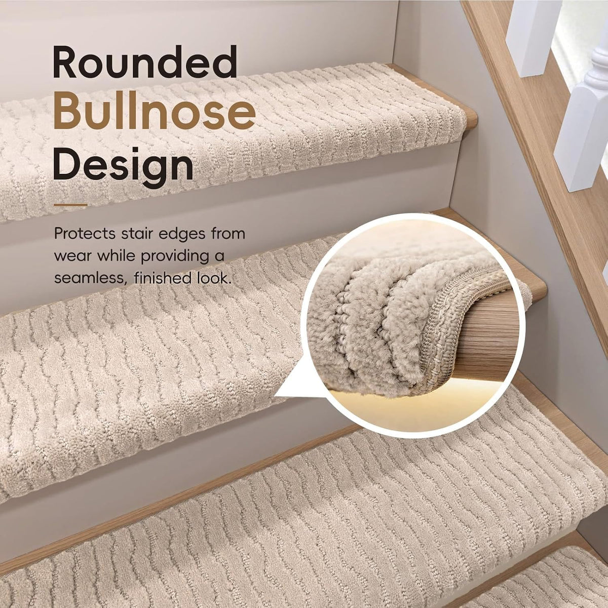 Rounded Bullnose Carpet Stair Treads (Oat Beige / 9.5" x 27" x 1.5")