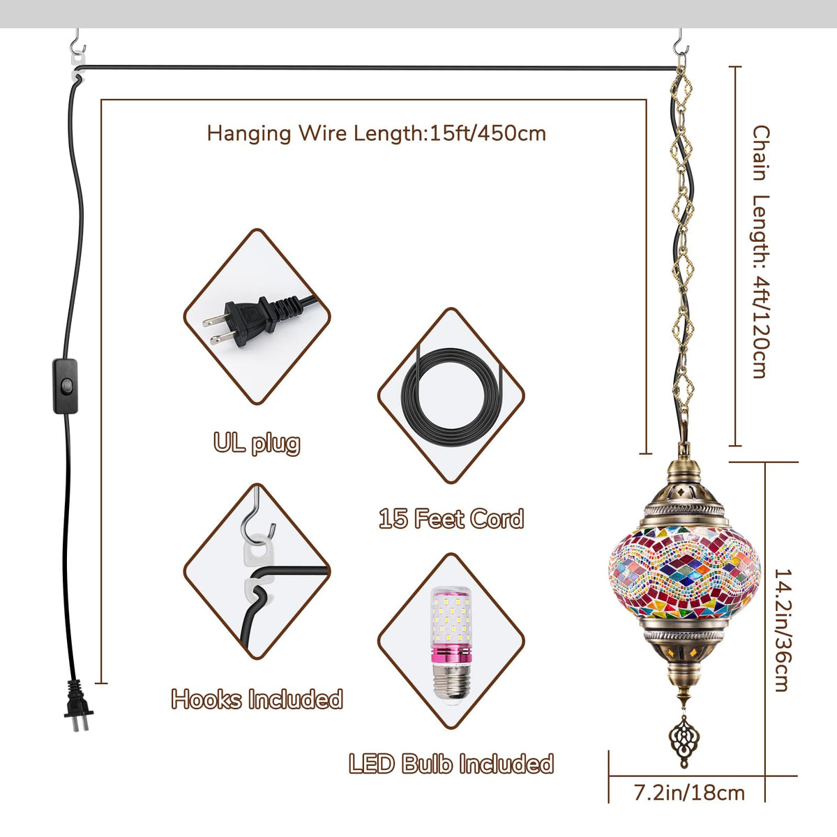 7.2" D Turkish Moroccan Mosaic Hanging Pendant Lamp Plug (Multicolor Wave)