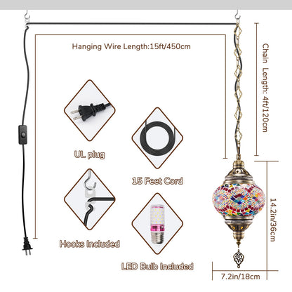 7.2" D Turkish Moroccan Mosaic Hanging Pendant Lamp Plug (Multicolor Wave)