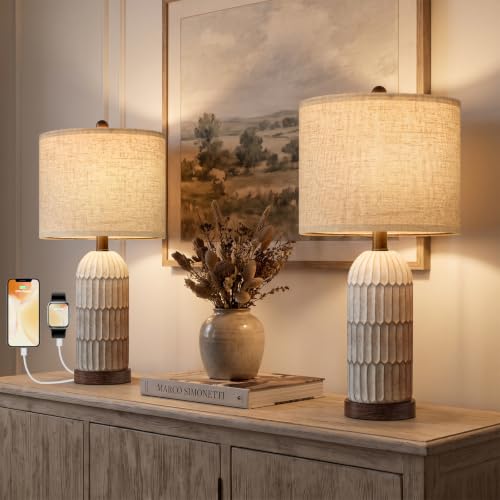 Table Lamp Set of 2 for Bedroom Living Room with USB A+C Charging Ports Modern Farmhouse Bedside End Lamps Rustic Nightstand Lamps