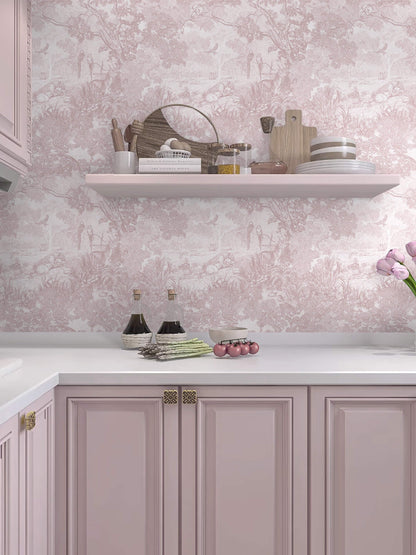 Peel and Stick Wallpaper Pink and White Vintage Forest Animals Floral Wallpaper Removable Self (Soft Pink / 17.3" x 78.7")