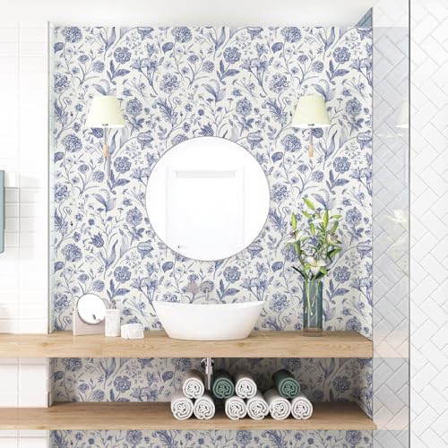 White and Blue Floral Peel and Stick Wallpaper Vintage 17in x 197in (Blue / 16.9" x 196.8")